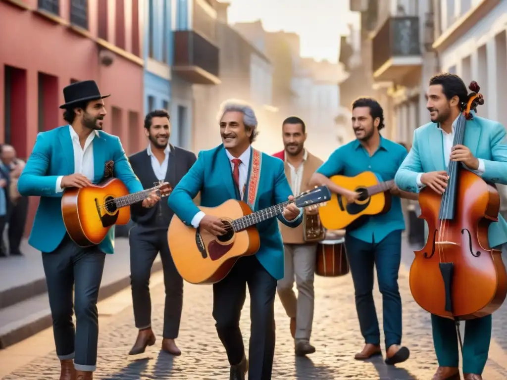 Grupo de músicos uruguayos tocando música folclórica en Montevideo, rodeados de una audiencia diversa