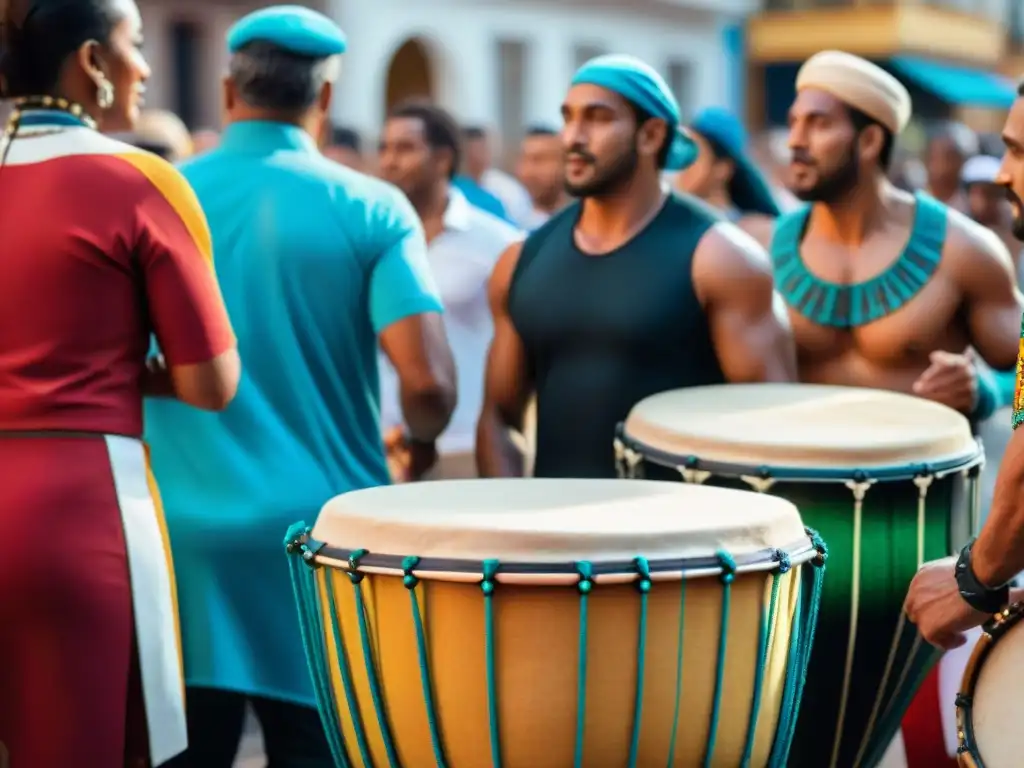 Grupo de músicos uruguayos tocando tambores en vibrante desfile de candombe, con herencia africana en Uruguay