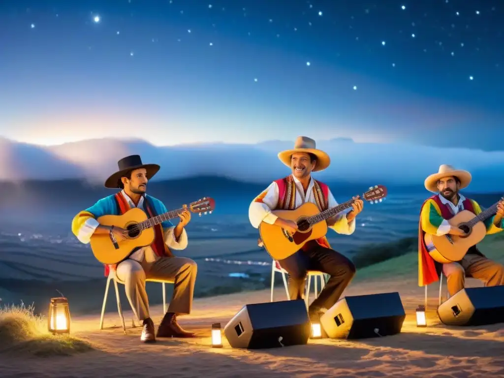 Grupo de músicos uruguayos en trajes gauchos, tocando guitarra, tamboril y acordeón bajo luces brillantes y cielo estrellado