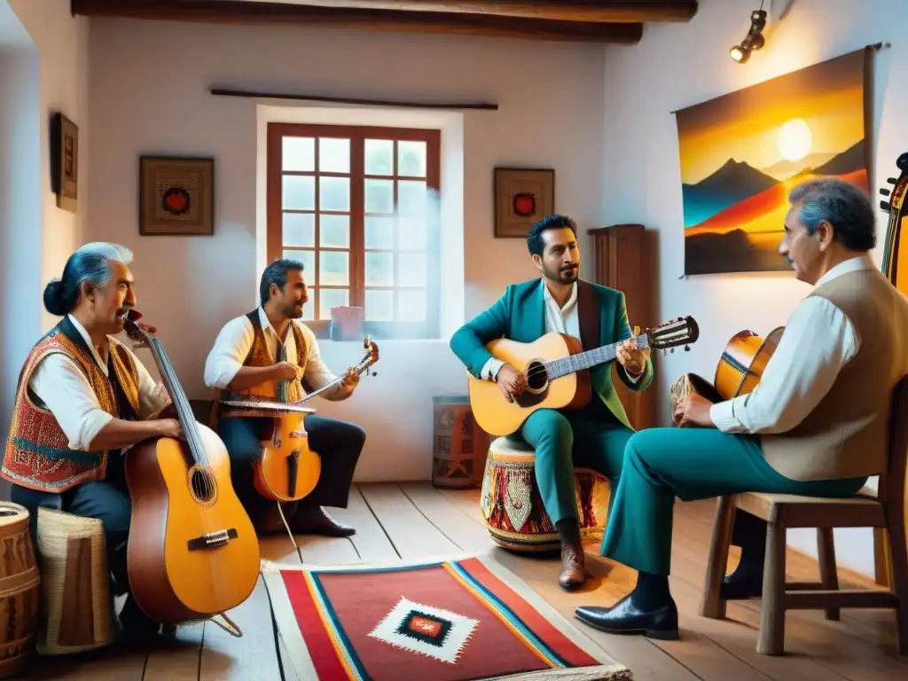 Grupo de músicos en vestimenta tradicional uruguaya tocando instrumentos autóctonos en un taller rústico