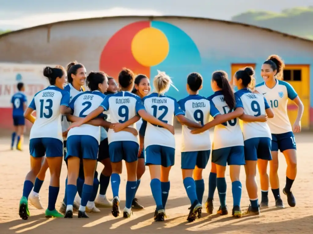 Un grupo de niños sonrientes de distintos orígenes vistiendo camisetas de fútbol, reunidos en un campo polvoriento en un pueblo rural de Uruguay