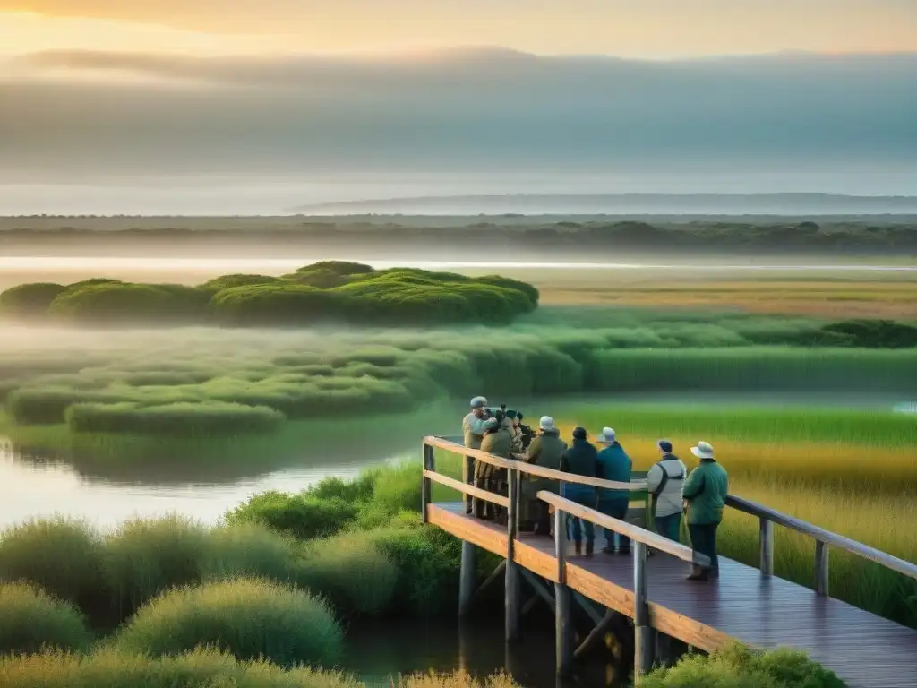 Un grupo de observadores de aves con binoculares y cámaras en un mirador de madera, disfrutando de las mejores miradores aves Uruguay