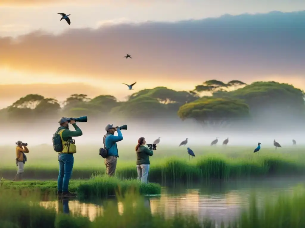 Observadores de aves al amanecer en humedal uruguayo Grupo de observadores de aves en humedal al amanecer en Uruguay