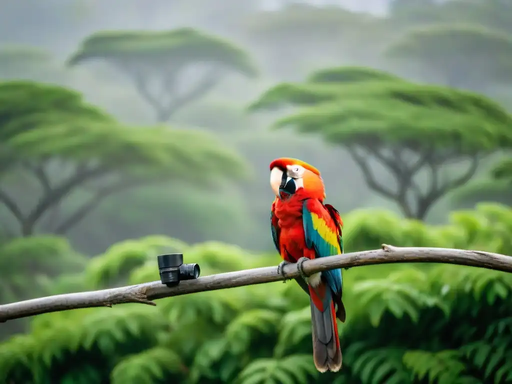 Grupo de observadores de aves maravillados por un Guacamayo Escarlata en Uruguay