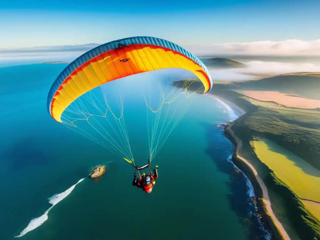 Grupo de parapentes en Uruguay alturas superar, surcando el cielo al atardecer sobre la pintoresca costa, transmitiendo libertad y emoción