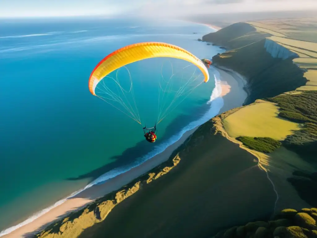 Grupo de parapentistas sobrevolando acantilados costeros de Punta Ballena al atardecer