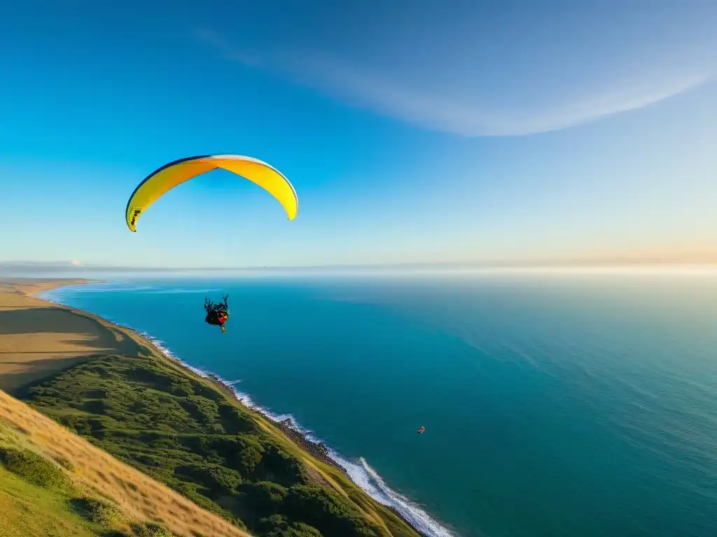 Un grupo de parapentistas aventureros surcan los cielos sobre la pintoresca costa uruguaya al atardecer, creando un espectáculo de libertad y belleza