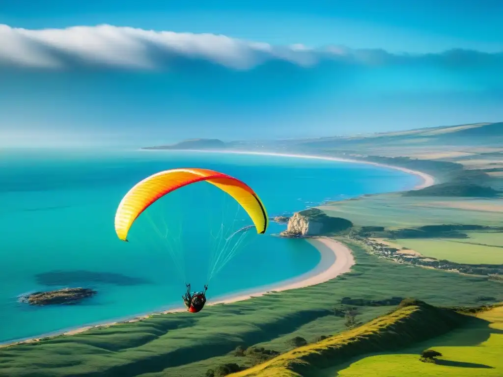 Grupo de parapentistas surcando el cielo azul sobre la costa de Uruguay