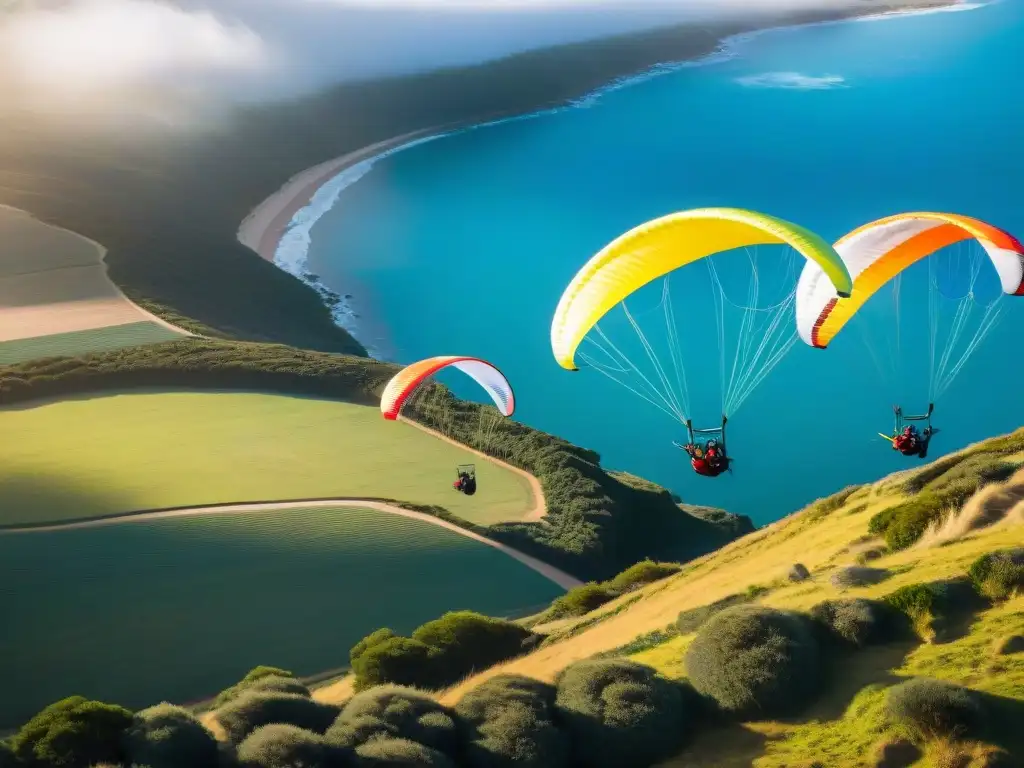 Grupo de parapentistas emocionados preparándose para el vuelo en Uruguay