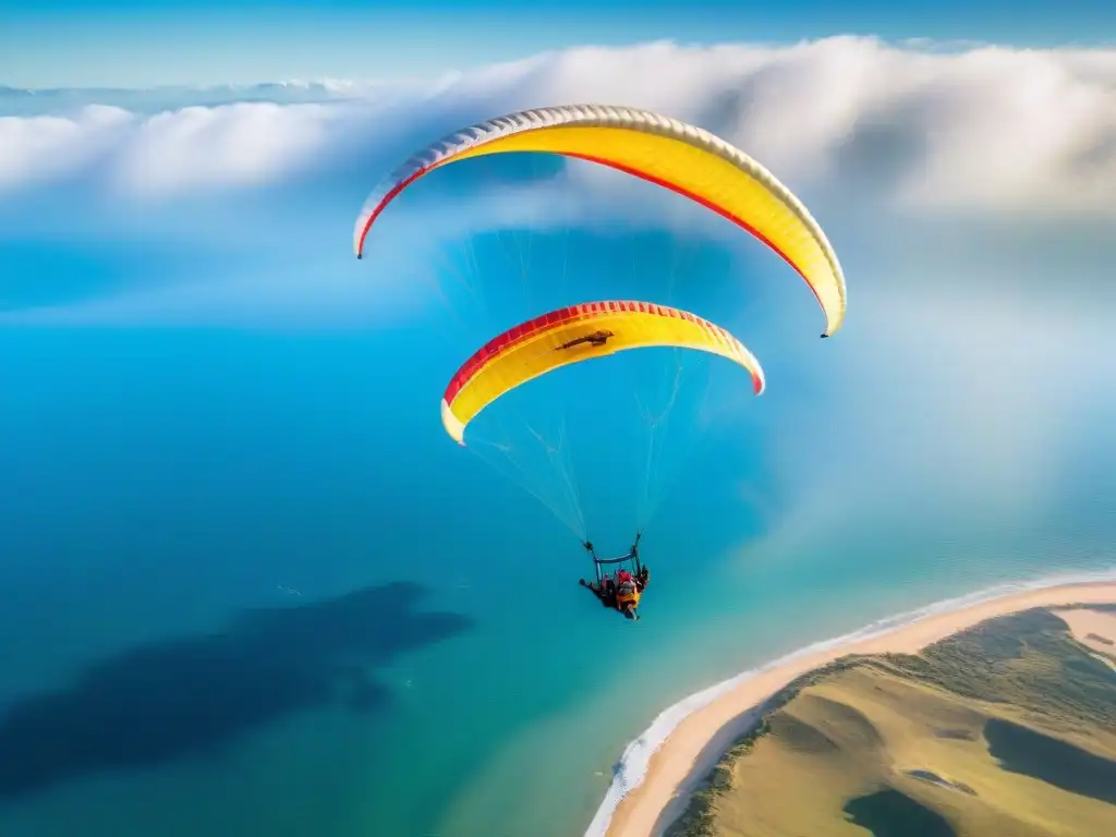 Un grupo de parapentistas surca con gracia los cielos de Uruguay, en un día soleado y lleno de aventura