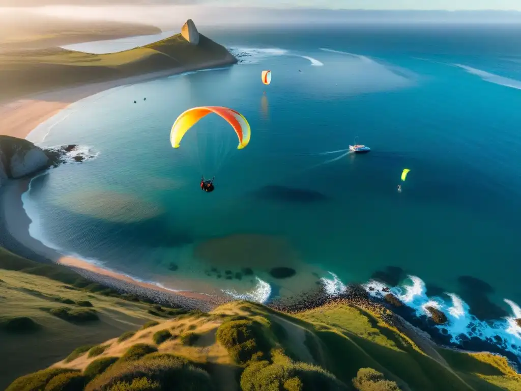 Grupo de parapentistas listos para despegar en acantilado de Uruguay al atardecer