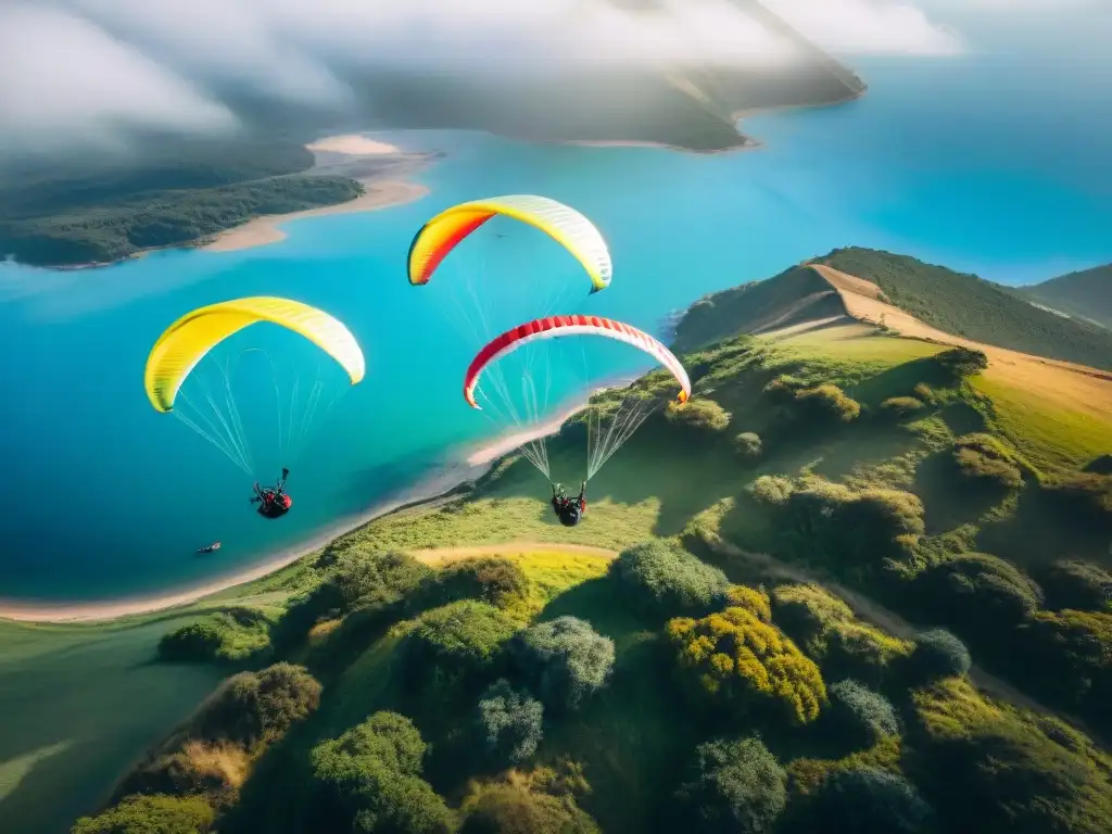 Grupo de parapentistas listos para volar en Uruguay, con colores vibrantes de sus paracaídas contra el cielo azul y paisaje verde