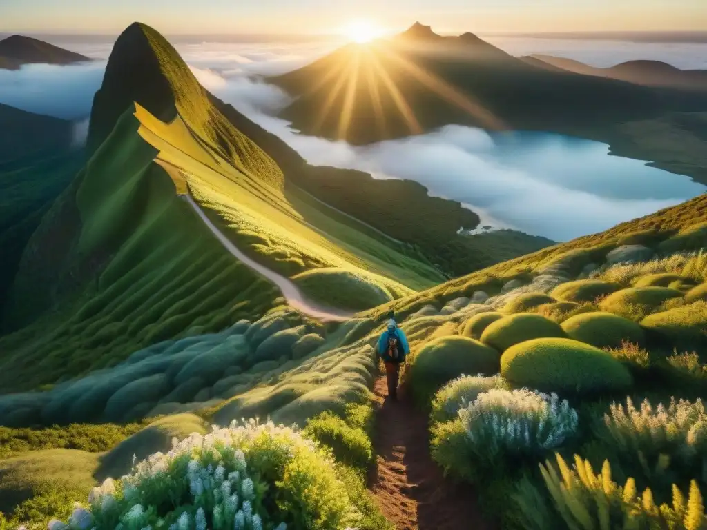 Grupo de peregrinos ascendiendo al amanecer en Cerro Verdún, Uruguay, junto a un lago sereno