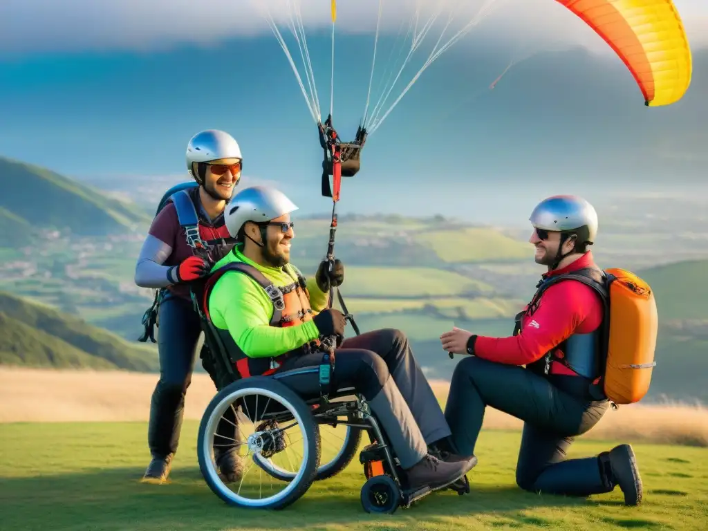 Un grupo de personas con discapacidades, listas para su vuelo en parapente accesible