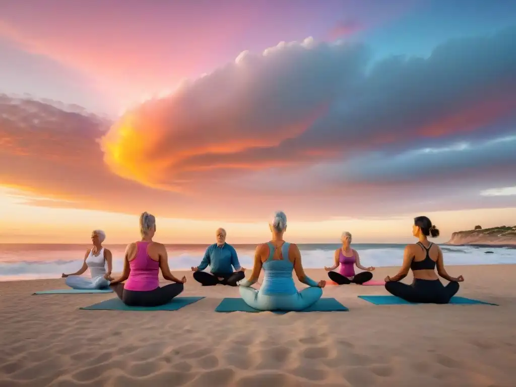 Grupo de personas mayores practicando yoga en la playa al atardecer en Uruguay