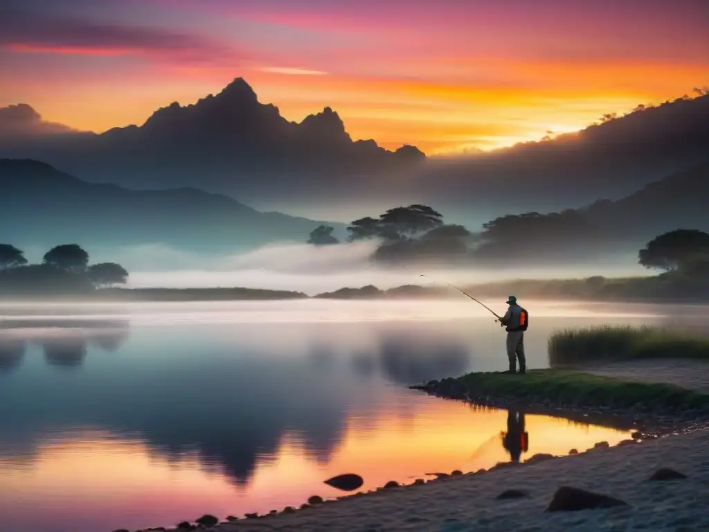 Un grupo de pescadores apasionados en la orilla de un lago al amanecer, compartiendo su amor por la pesca deportiva en Uruguay