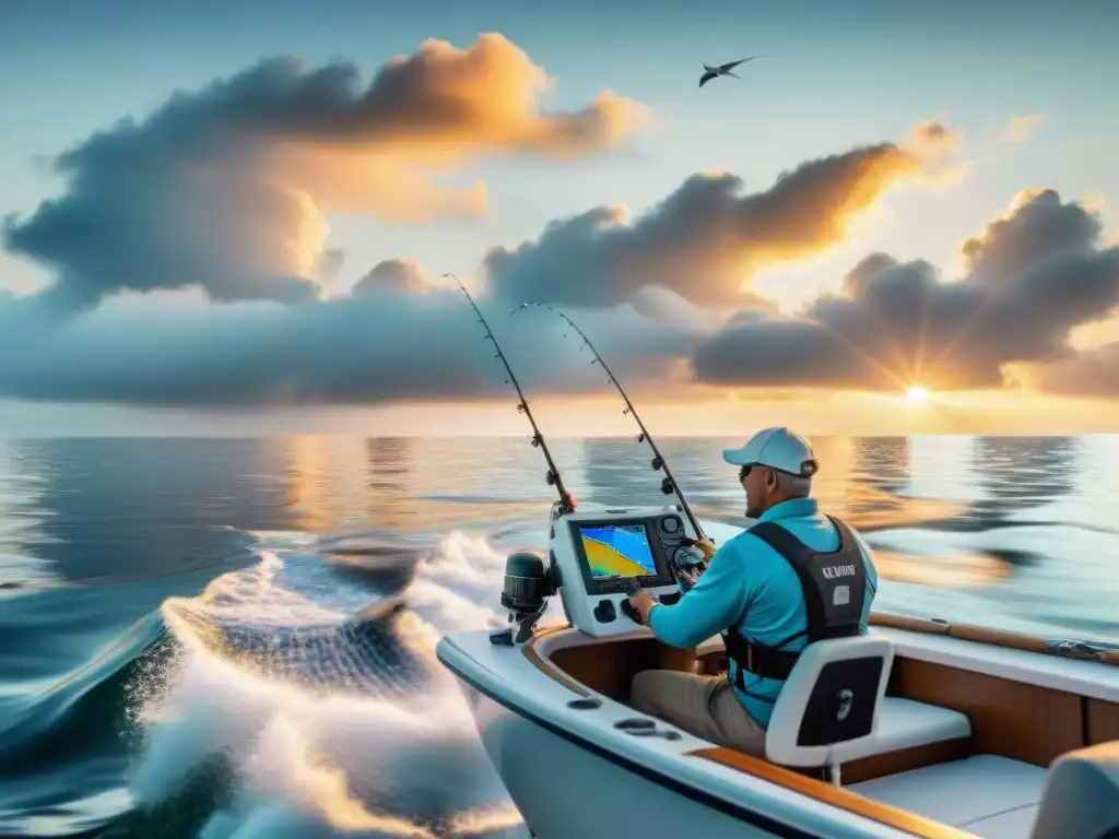 Un grupo de pescadores en un barco pesquero moderno con tecnología avanzada en un atardecer en el mar