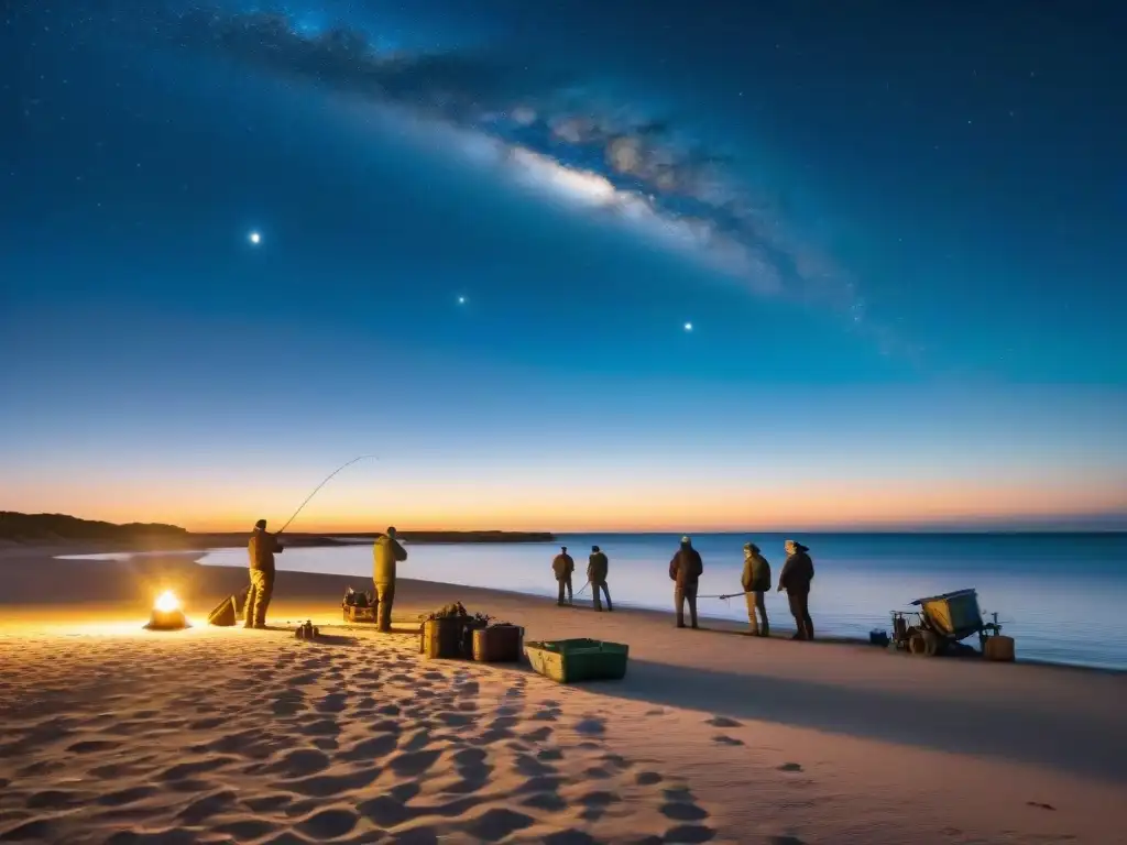 Grupo de pescadores emocionados preparando su equipo bajo el cielo estrellado en una playa de Uruguay