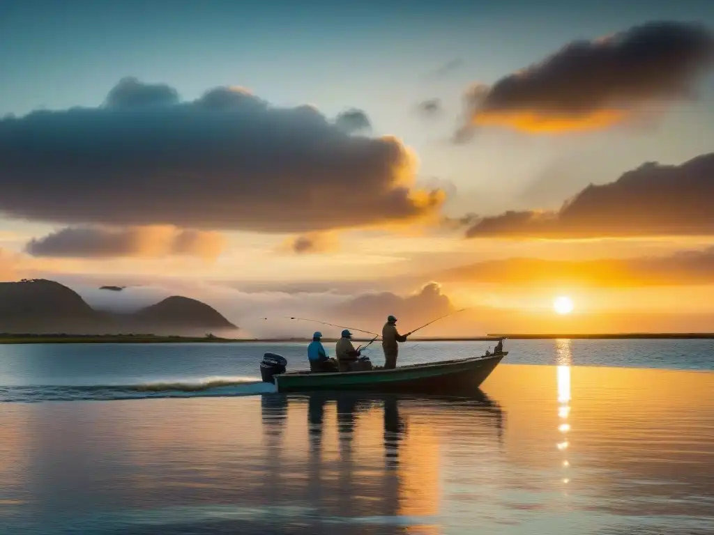 Grupo de pescadores entusiastas en un barco pesquero, al atardecer en el Río de la Plata, capturando la emoción de la pesca deportiva en Uruguay