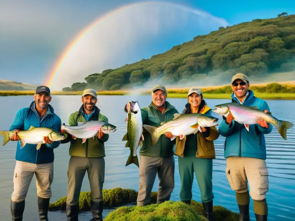 Un grupo de pescadores entusiastas posando con sus capturas en un hermoso lago en Uruguay