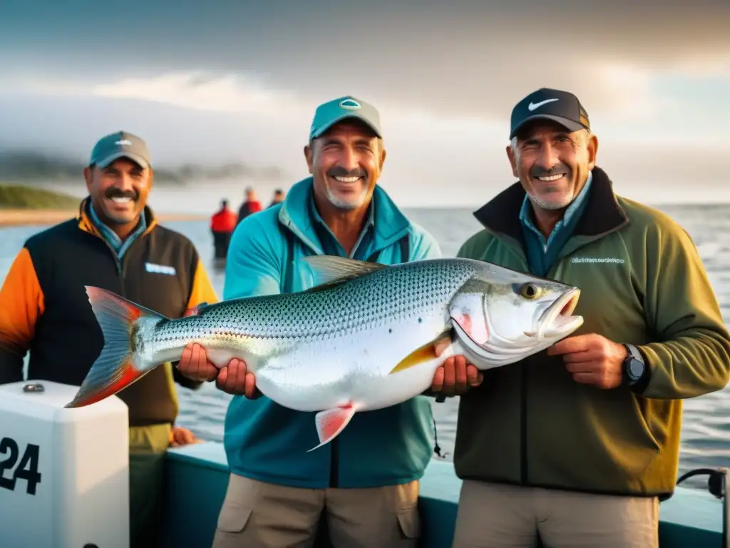 Grupo de pescadores uruguayos radiantes exhibiendo trofeos de pesca deportiva en Uruguay