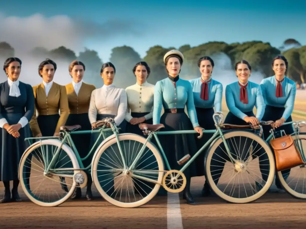 Grupo de pioneras ciclistas en Uruguay, con bicicletas vintage, luciendo atuendos tradicionales de principios del siglo XX