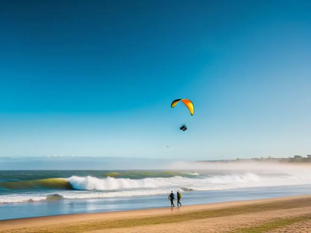 Grupo pionero de kitesurfistas en playas de Uruguay con cometas y tablas vintage, evocando la historia y evolución del kitesurf en un día soleado