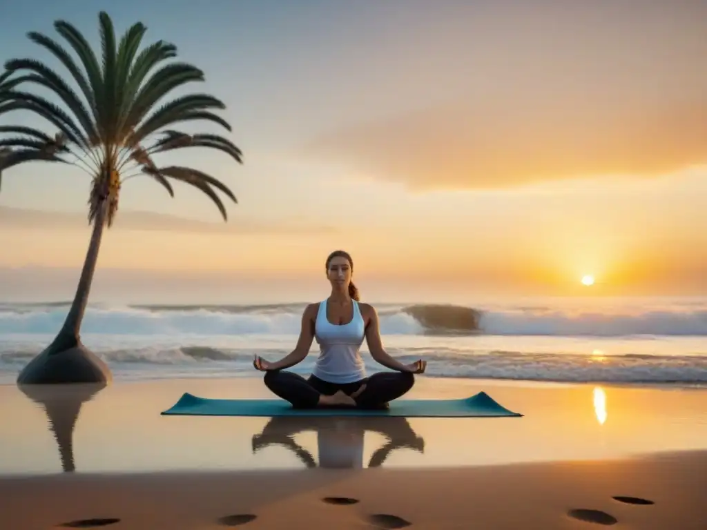 Grupo en poses de yoga al amanecer en playa de Uruguay