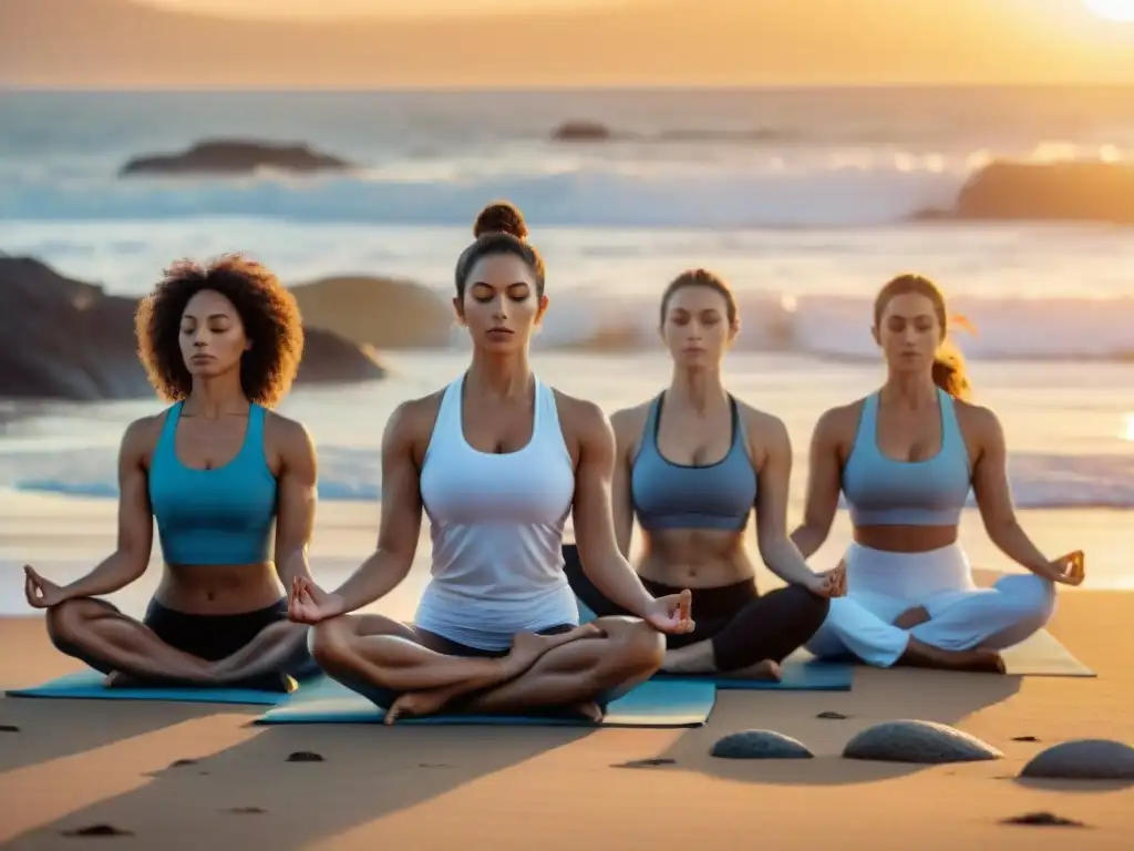 Un grupo de practicantes avanzados de yoga en una playa serena de Uruguay al atardecer, en poses complejas