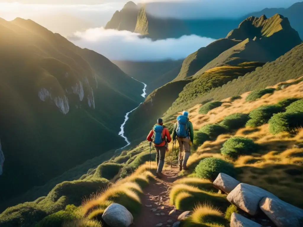 Grupo de principiantes en montañismo conquistando sendero rocoso en sierras uruguayas al amanecer