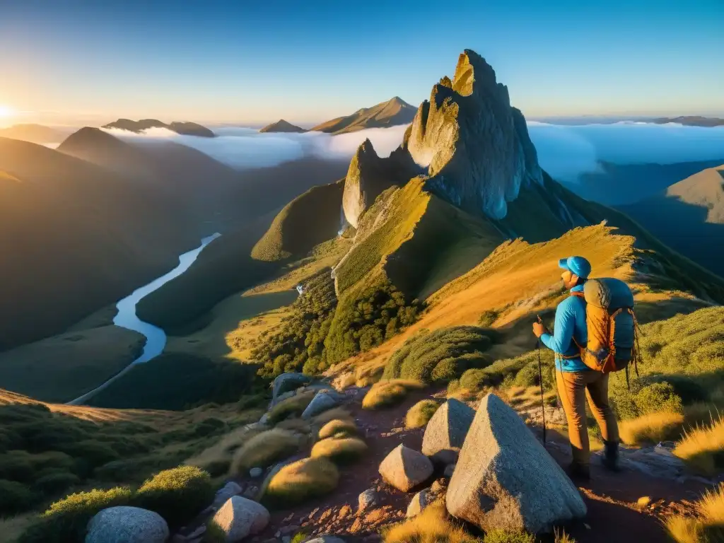 Grupo de principiantes en montañismo en sierras uruguayas, listos para la aventura al amanecer