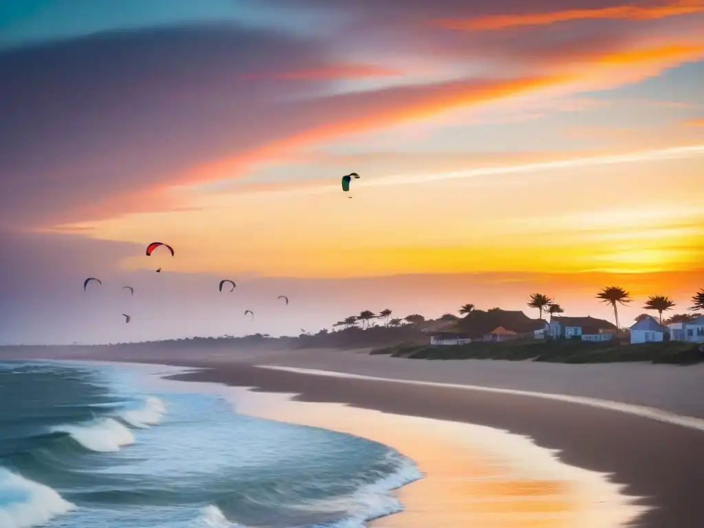 Grupo de kitesurfers en Punta del Diablo, Uruguay, surfan en el atardecer dorado