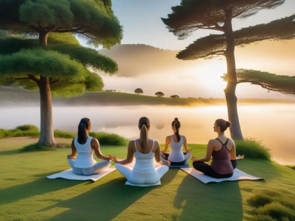 Grupo en retiro de yoga en Uruguay, meditando en armonía al atardecer en un prado verde junto a un lago tranquilo