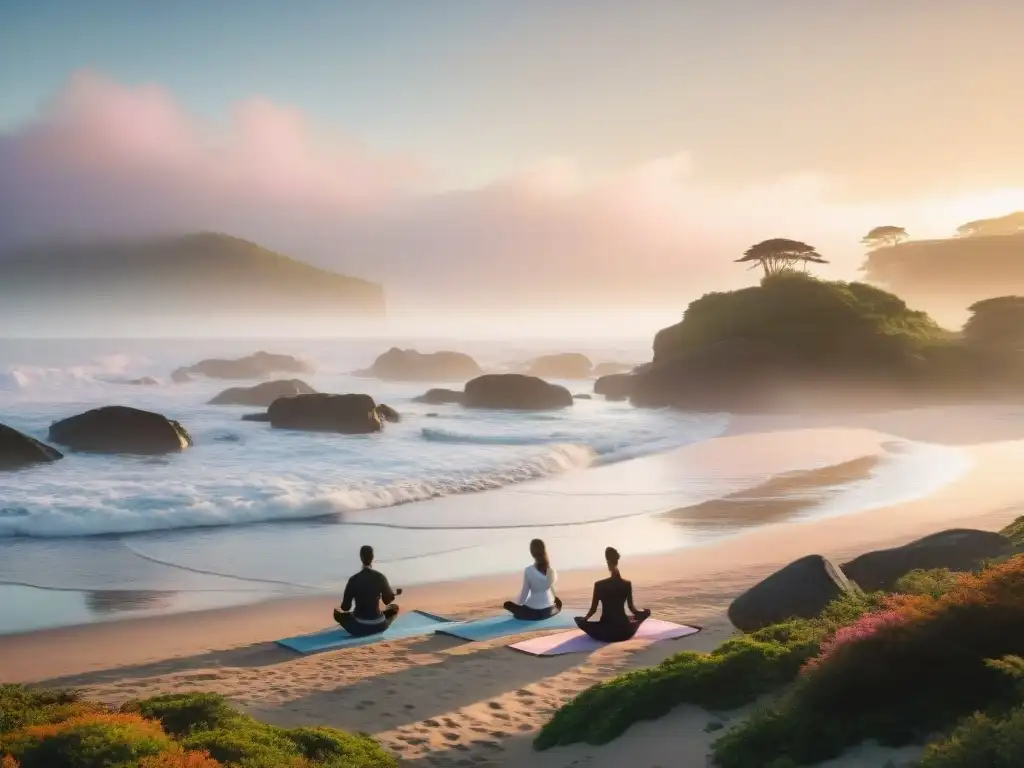 Grupo en retiro espiritual practicando yoga al amanecer en Aguas Dulces, Uruguay, creando una atmósfera mística y energética