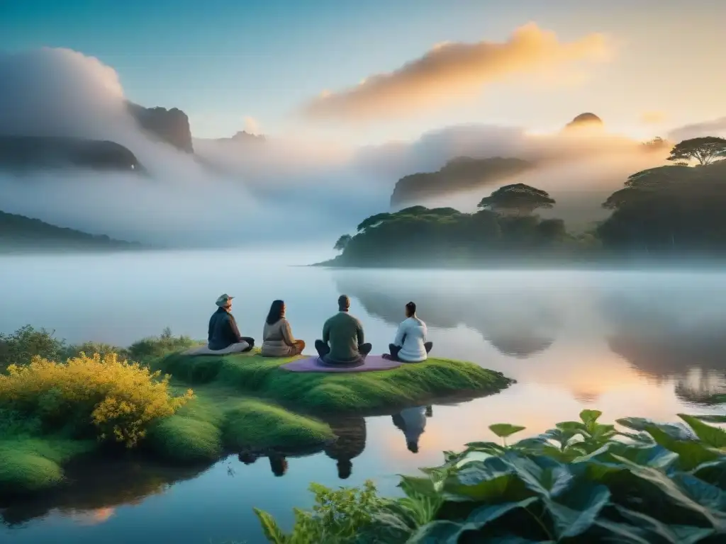 Grupo medita al amanecer en retiro de meditación en Uruguay, reflejando tranquilidad mental