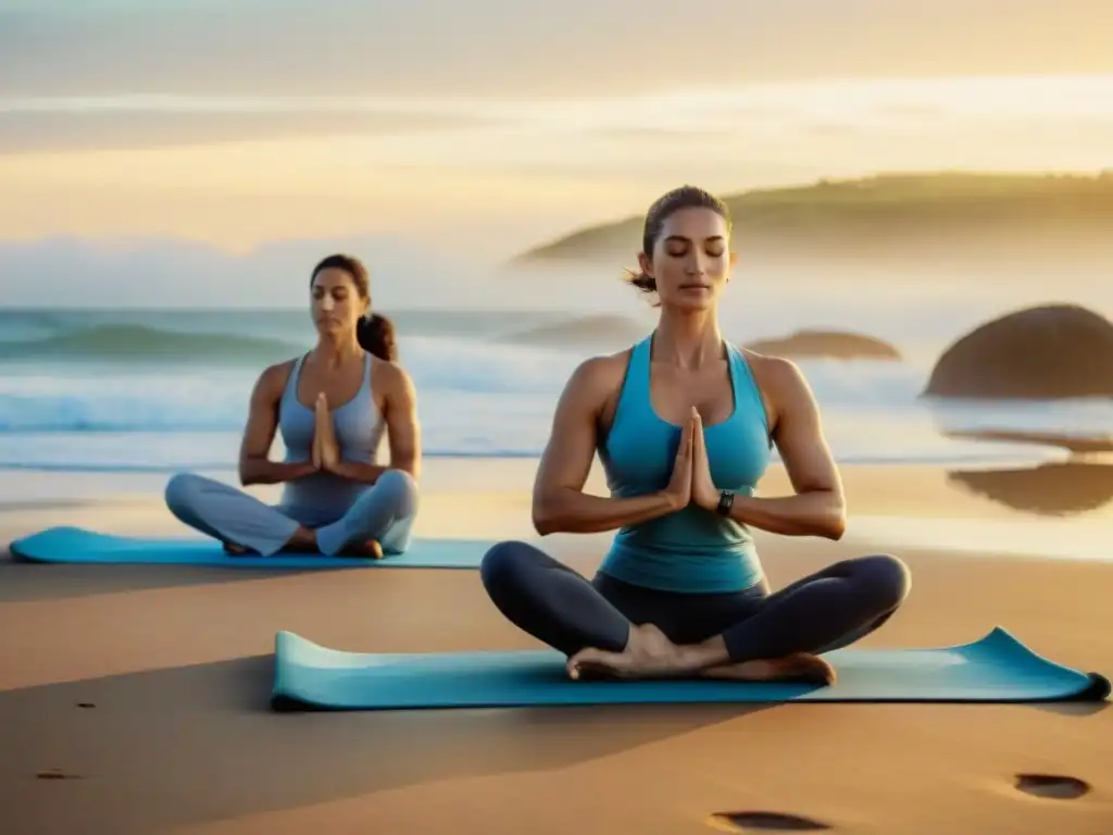 Grupo en retiro de yoga cortos en Uruguay practicando al amanecer en la playa