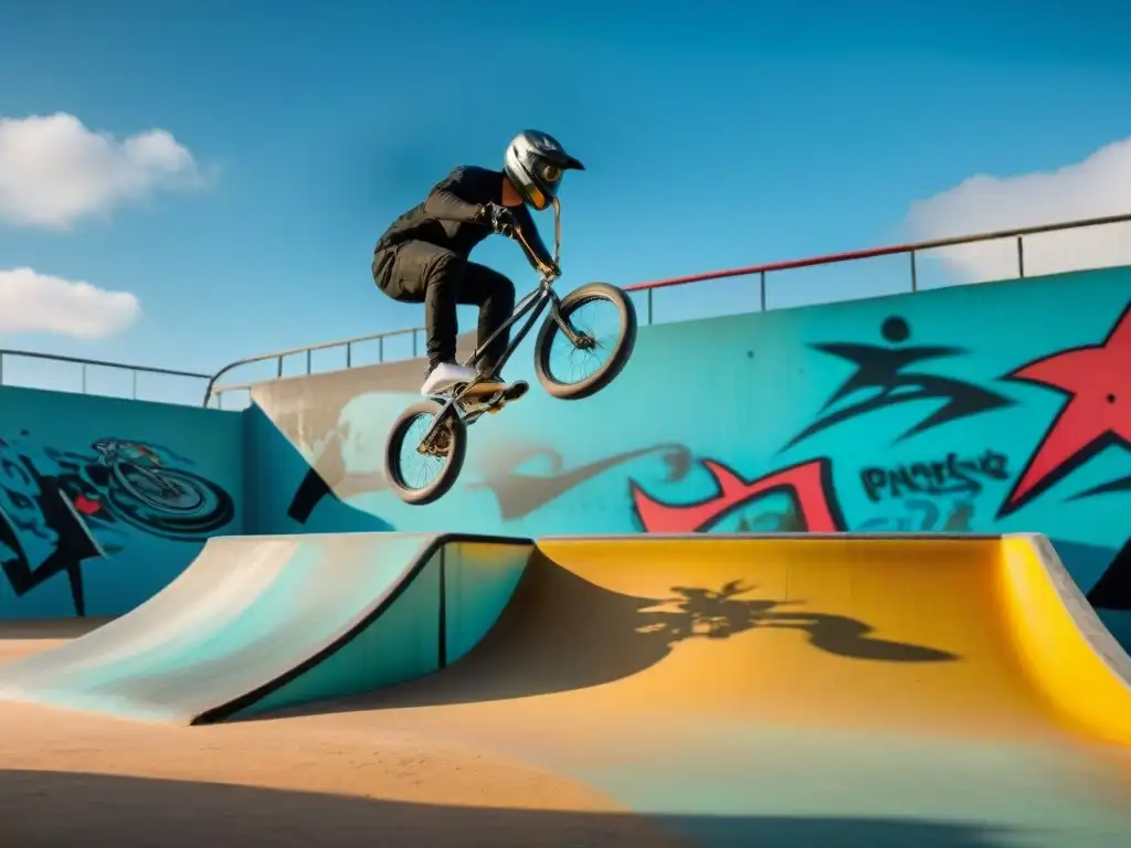 Grupo de riders de BMX haciendo trucos en un skate park de Uruguay, con murales vibrantes al fondo