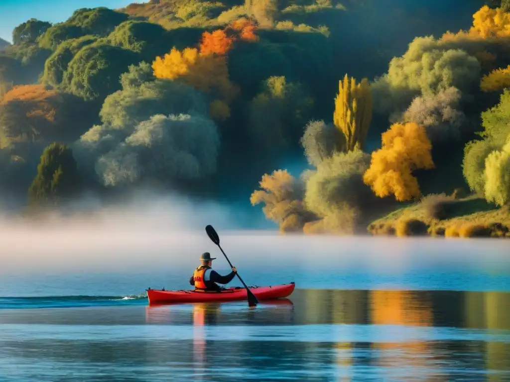 Un grupo de kayaks remando en un río de Uruguay en otoño, con colores vibrantes y cielo azul