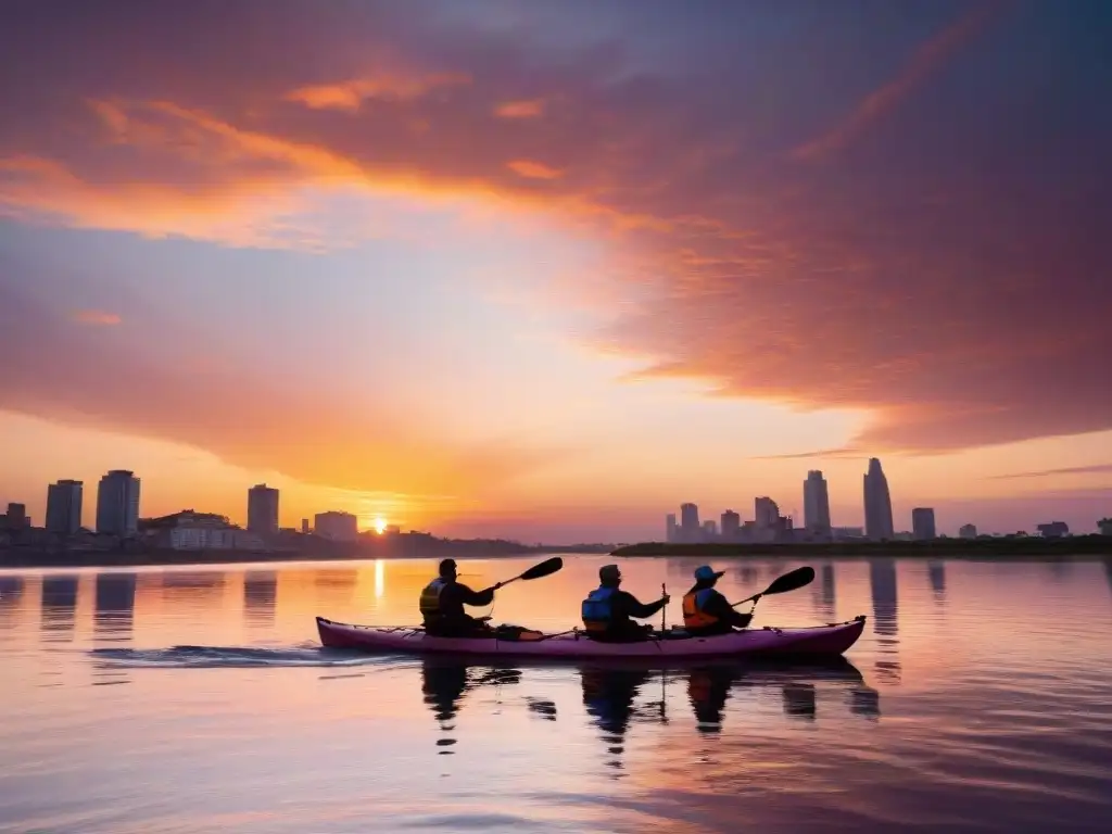 Un grupo de kayaks en el Río de la Plata al atardecer, reflejando la belleza de Montevideo