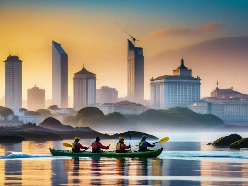 Grupo de kayakers en el Río de la Plata al atardecer, con el skyline de Montevideo al fondo