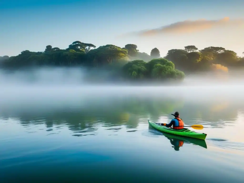 Grupo de kayaks navegando al amanecer en un río sereno de Uruguay, rodeado de naturaleza, reflejos coloridos en el agua