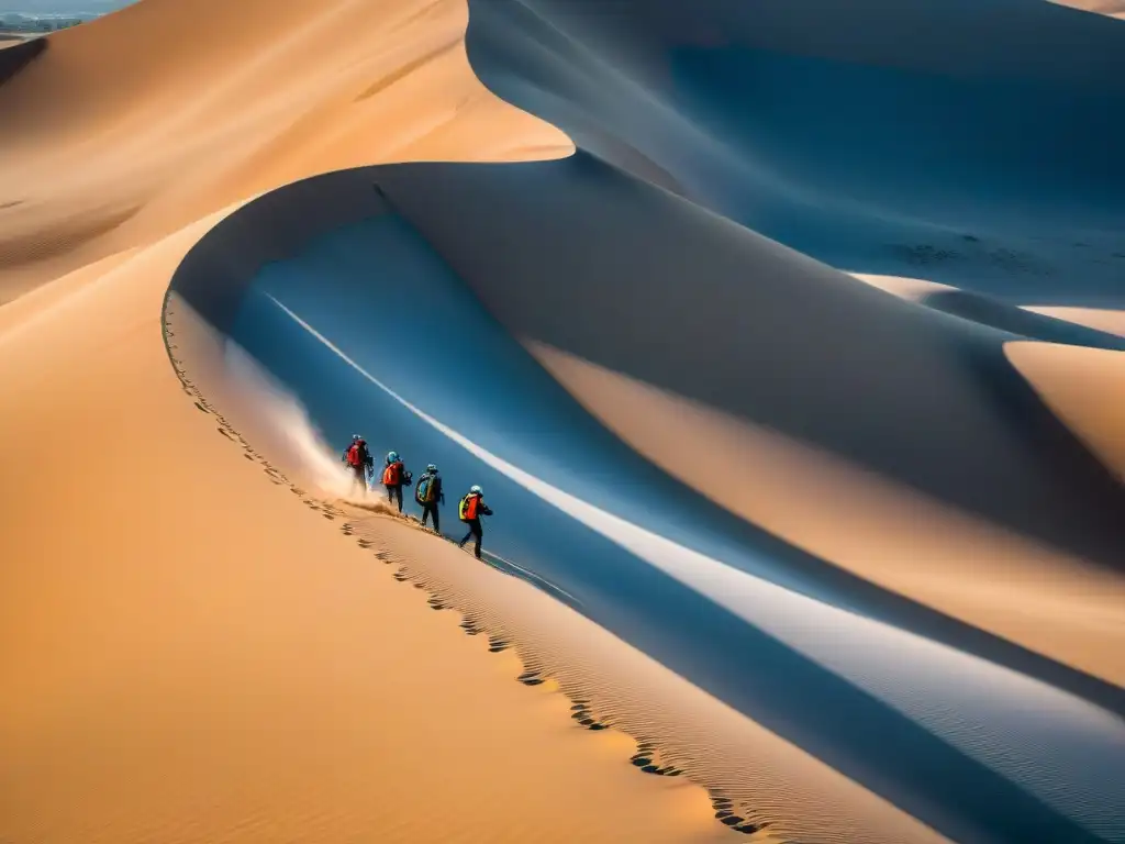 Grupo de sandboarders en Uruguay, adrenalina segura al deslizarse por dunas coloridas bajo cielo azul brillante