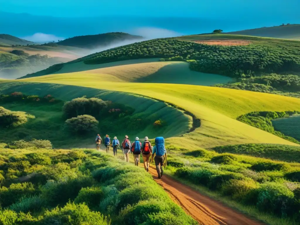 Un grupo de senderistas explorando caminos rurales en Uruguay, rodeados de naturaleza exuberante y colores vibrantes