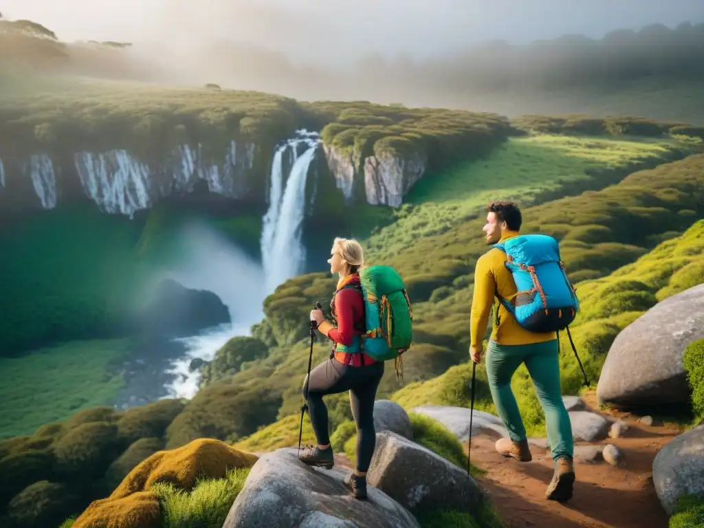 Grupo de senderistas admirando cascada en bosque de Uruguay, con mochilas coloridas y equipo de trekking