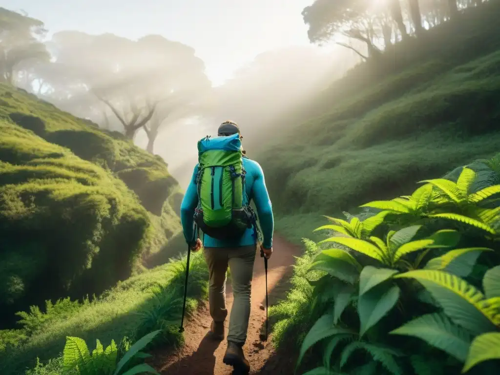 Grupo de senderistas en Uruguay con coloridos packs de hidratación, caminando entre bosques verdes