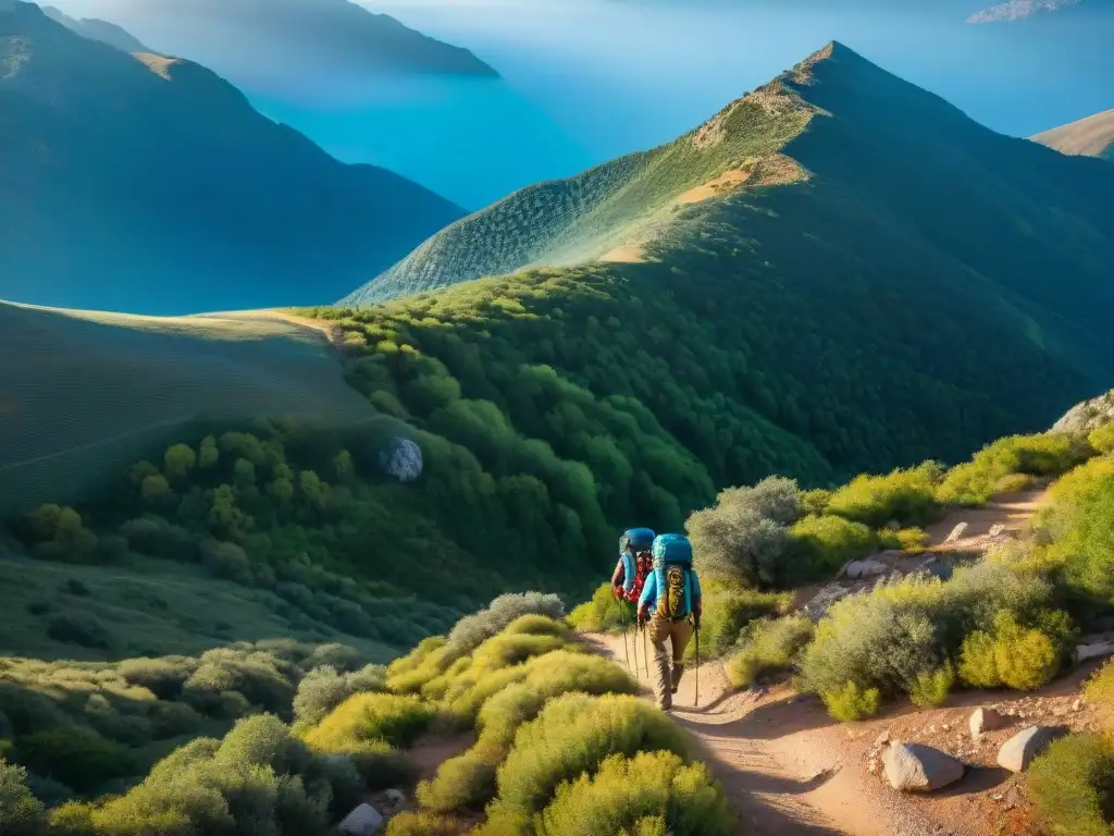 Un grupo de senderistas recorriendo un pintoresco sendero en Sierras de Minas, con colinas, vegetación exuberante y cielo azul