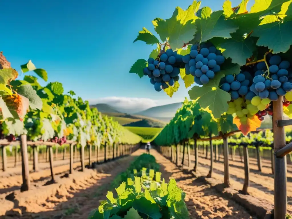 Grupo de senderistas explorando viñedos en Uruguay, con uvas coloridas bajo cielo azul