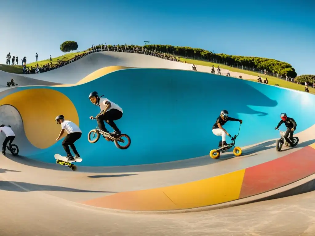 Grupo de skaters y riders de todas las edades practicando trucos en vibrante skate park de Uruguay