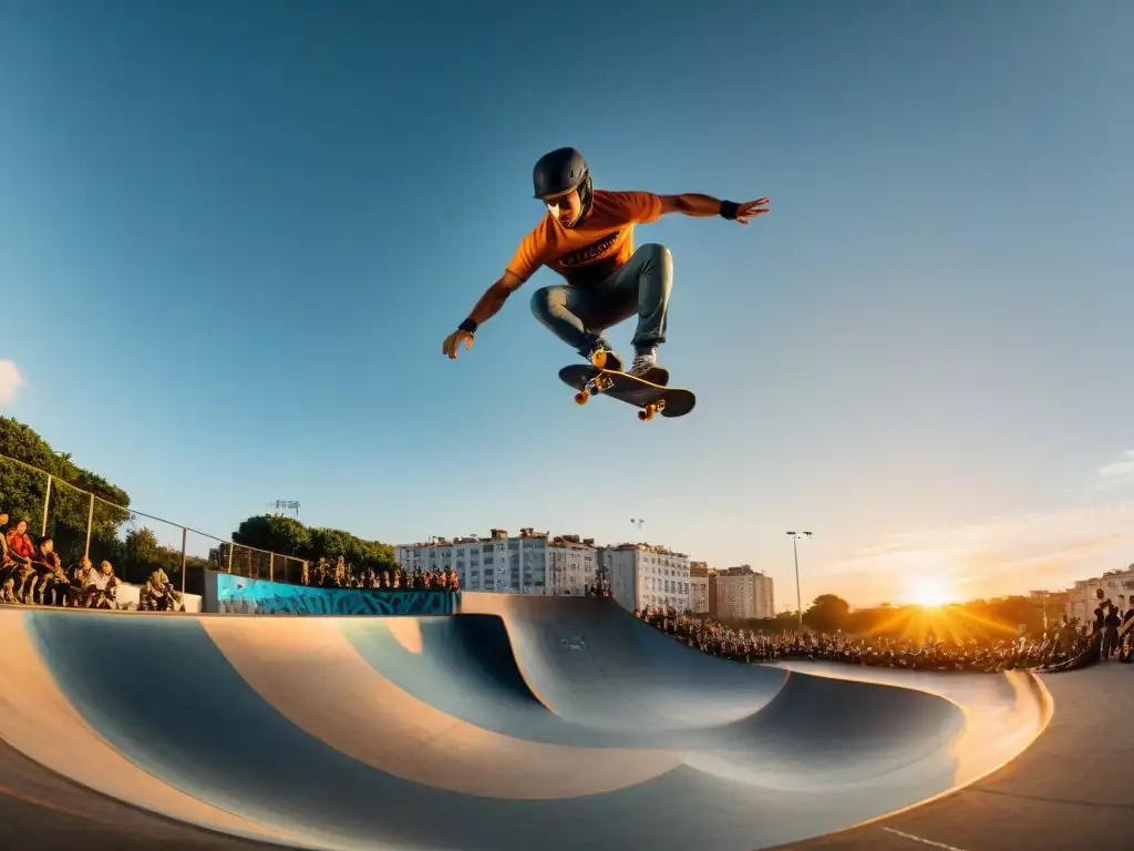 Grupo de skaters y riders realizando trucos impresionantes al atardecer en un bullicioso skate park en Uruguay, historias de skate y BMX en Uruguay