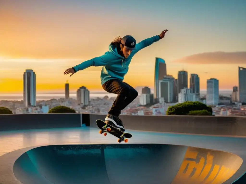 Un grupo de skaters realizando trucos en spots secretos de skateboarding en Montevideo al atardecer, con energía y camaradería